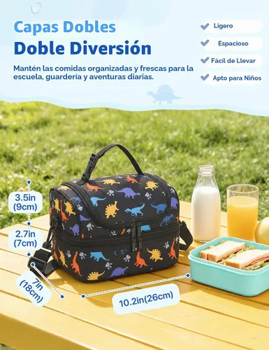 Vista 2 de VASCHY - Lonchera para niños, bolsas de almuerzo aisladas de dos compartimentos para niños y niñas con correa para el hombro para la escuela Dinos