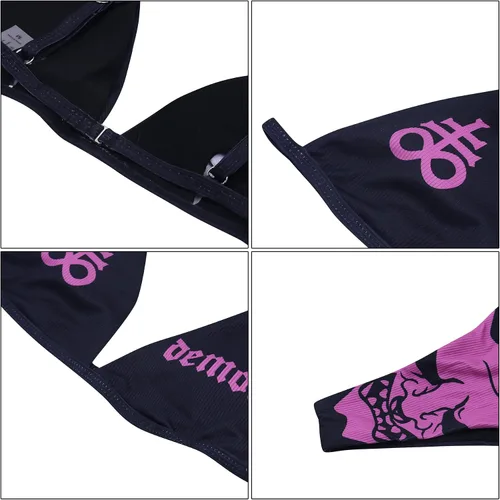 Vista 12 de AIBEARTY Traje de baño de dos piezas con estampado de calaveras para mujer, conjunto de bikini triangular de corte alto para fiesta, festival