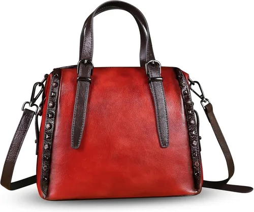Vista 2 de Bolsos de cuero genuino para mujer, con asa superior, bolso bandolera vintage