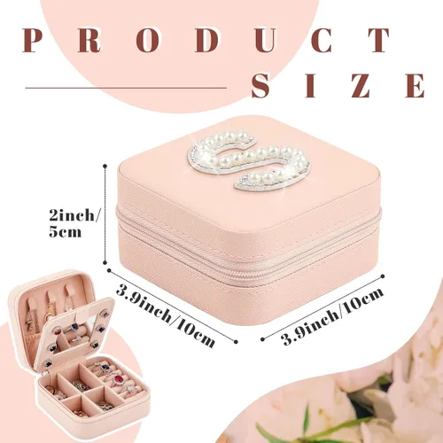 Vista 2 de Sweetude Joyero de viaje con inicial, mini joyero rosa, organizador con espejo, anillo de viaje, soporte para aretes, para mujeres, niñas, mamá