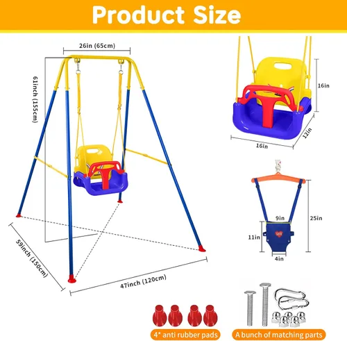 Vista 2 de Juego de columpio 4 en 1 para niños pequeños y jersey para bebé, columpio resistente para niños con rebotador, soporte plegable de metal