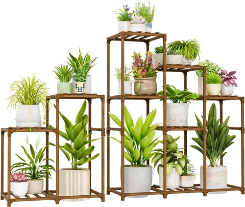Vista 21 de Bamworld - Soporte esquinero para plantas de interior y exterior, mesa pequeña para varias plantas, estante de madera para jardín, patio, césped