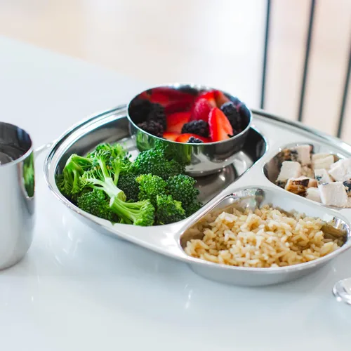 Vista 11 de Ahimsa Plato de Acero Inoxidable para Niños, Platos Divididos para Niños Pequeños y Bebés Diseñados por Pediatras, No Tóxico, Irrompible y Apto