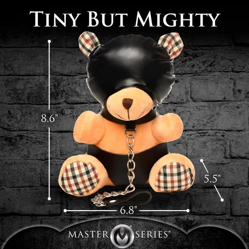 Vista 4 de MASTER SERIES Oso de Bondage con capucha para hombres, mujeres y parejas. Suave oso de peluche con temática BDSM M. Regalo lindo y sexy. 1 pieza