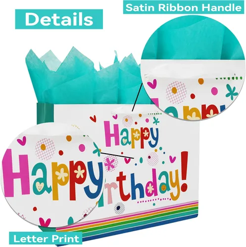 Vista 4 de Qirrmiy Juego de bolsas de regalo extra grandes de 16.5 pulgadas con tarjeta de felicitación y papel de seda verde (lindo "Happy Birthday")