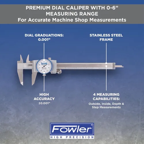 Vista 2 de Fowler, 52-008-706-0, calibre dial de acero inoxidable resistente a golpes, rango de medición 0 a 6 pulgadas, intervalo de graduación 0,001