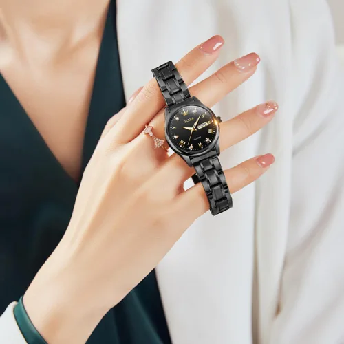 Vista 4 de OLEVS Reloj de mujer con diamantes de oro, clásico, elegante, de acero inoxidable, impermeable, fecha de día