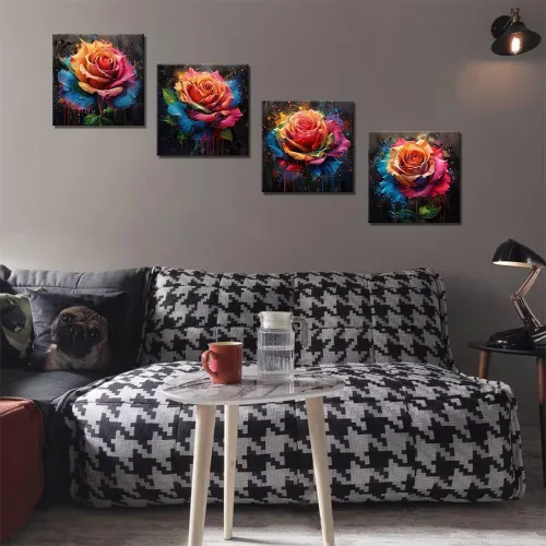 Vista 68 de Wall HDQ Arte de pared de flores para baño, dormitorio, sala de estar, decoración de pared azul y naranja, pintura floral, lienzo impreso, imagen