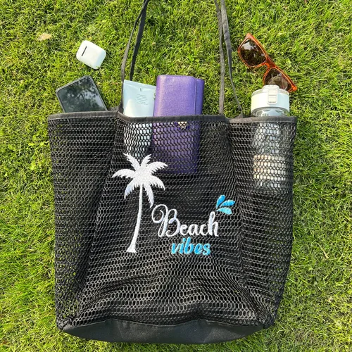 Vista 3 de ukia Bolsa de playa de malla, bolsas de playa de gran capacidad para mujer, bolsa de playa plegable con bolsillo con cremallera