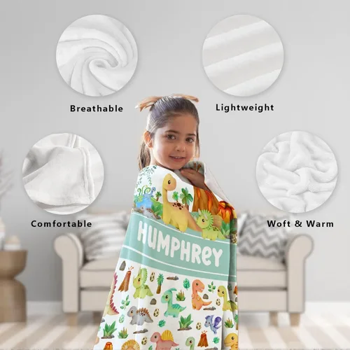 Vista 6 de Manta de regalo personalizada de dinosaurio con nombre para niñas, niños, recién nacidos, dinosaurio, manta personalizada para envolver al bebé