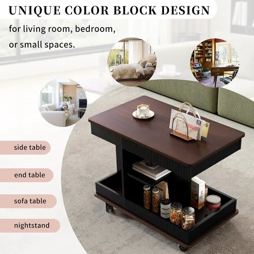 Vista 5 de Moderna mesa auxiliar ajustable con ruedas, mesa auxiliar multifuncional para sofá con elevador, parte superior giratoria de 360° y espacio