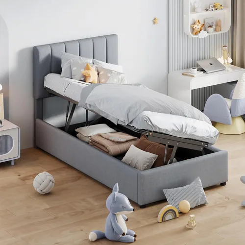 Vista 11 de Harper & Bright Designs Base de cama con plataforma de almacenamiento elevable de tamaño individual con cabecera capitonada de canal vertical Beige