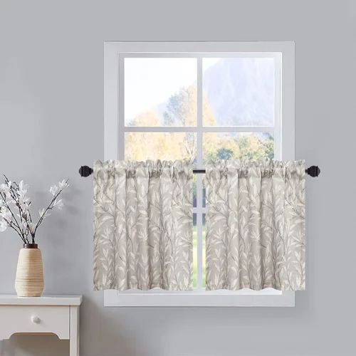 Vista 10 de VOGOL Cortinas con estampado de pájaros campestres, 30 x 24 pulgadas, 2 paneles, beige Linen Look Texture, Decorative Small Window Treatment