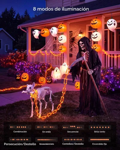 Vista 2 de Guirnalda de luces de Halloween a pilas, cadena de 88 luces LED de 10 pies con 8 modos de iluminación, impermeable, para decoraciones de Halloween