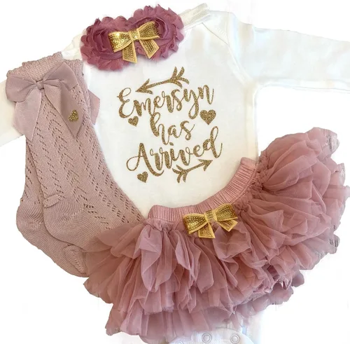 Vista 16 de Personalized Baby Girl Has Arrived Bodysuit Gold Glitter Design Add Any Name Optional Accessories