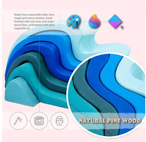 Vista 2 de Bloques de arco iris XL de cuatro elementos, juguetes de madera para niños, rompecabezas de construcción geométrico, juego educativo de volcán/casa