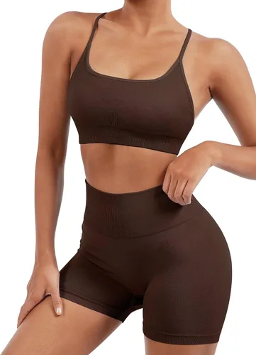 Vista 2 de SUUKSESS Conjuntos de entrenamiento sin costuras para mujer, sujetador deportivo con tiras y cintura alta, pantalones cortos