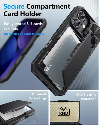 Vista 3 de ATATOO Funda tipo cartera para iPhone 17, tarjetero integrado (3-5 tarjetas), funda para cámara deslizante y bloqueo RFID, protección de grado Negro