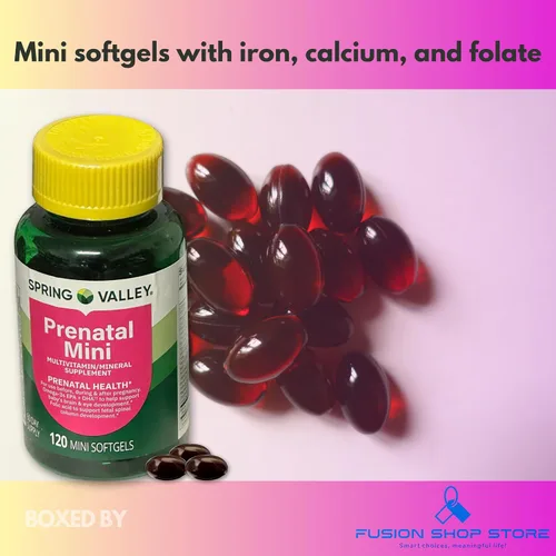 Vista 2 de Vitaminas prenatales para mujer, 120 mini cápsulas blandas multivitamínicas/multiminerales (paquete de 1), en caja por Fusion Shop Store