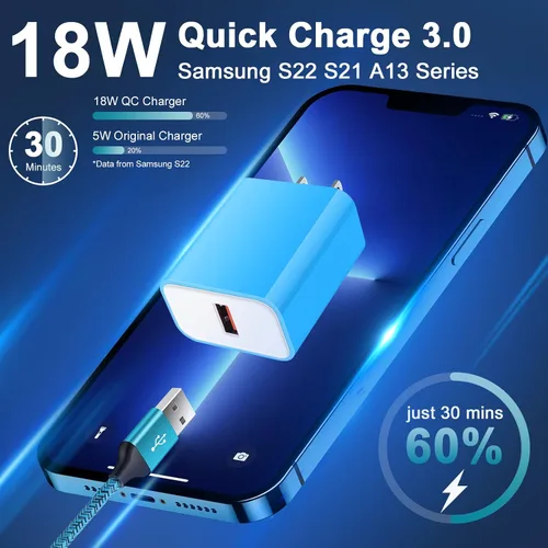 Vista 2 de Cargador de pared rápido USB Android de 18 W con cable tipo C de 6 pies para Samsung Galaxy A17 S25 Ultra S25+ A16 5G A53 A13 A15 A14 A54 A25 A23