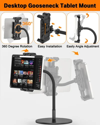 Vista 4 de Soporte para tablet para escritorio, soporte ajustable con cuello de cisne con rotación de 360° para iPad Pro/Air/Mini, Kindle Fire Hd, Galaxy Tabs