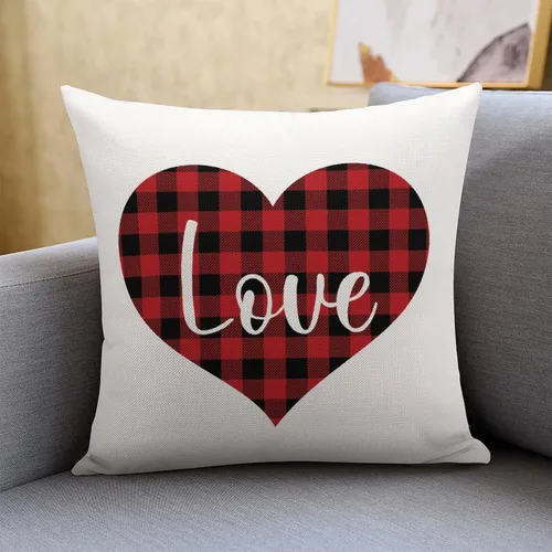 Vista 12 de Red and Black Buffalo Plaid Love Heart Hugs and Kisses Decorative Pillow Cover for Sofa Couch Chair Office Decor 16"x16",Romantic Valentine Pillow