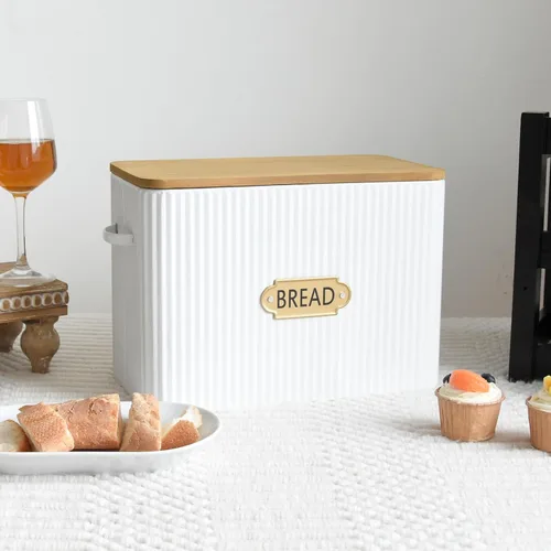 Vista 8 de EMAX HOME Caja de pan extra grande con ahorro de espacio estilo granja con tapa de madera - Capacidad para 2 panes - Porta pan vertical
