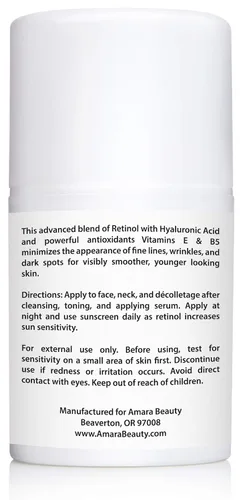 Vista 5 de Amara Organics, crema con retinol para rostro, 2.5 % con ácido hialurónico, vitaminas E y B5, 1.7 onzas líquidas