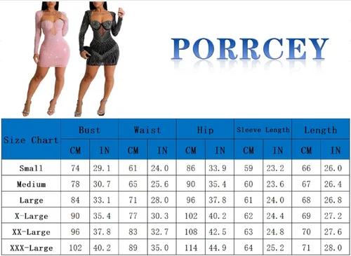 Vista 6 de PORRCEY - Vestido de noche sexy con manga larga y diamantes de imitación para mujer, fiestas y discotecas