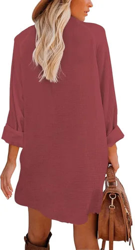 Vista 2 de ReachMe Womens Casual Beach Swimsuit Coverup Oversized Deep V Neck Button Down Shirts Long Sleeve Tunic Dresses with Pockets