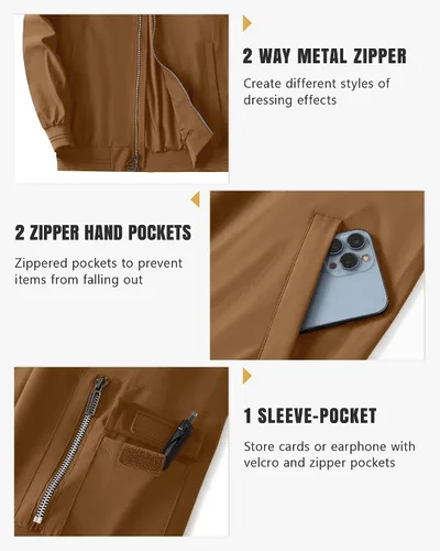 Vista 4 de Polu Chaquetas bomber para hombre con bolsillos, chaquetas cortavientos ligeras, cremallera de 2 vías, abrigo casual de negocios para otoño e