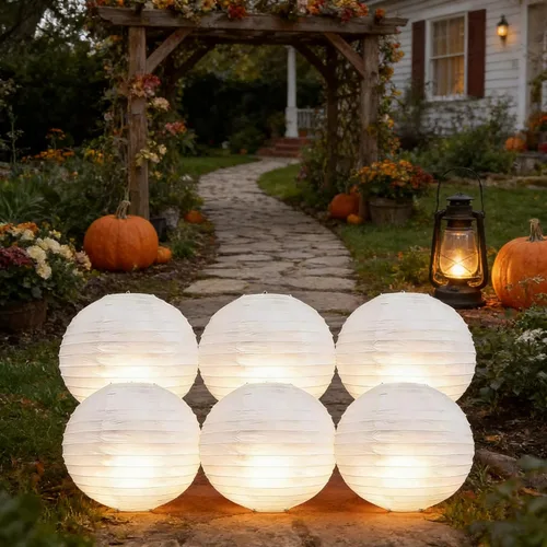 Vista 5 de 6 linternas de papel blancas con luces LED, linterna redonda de 12 pulgadas, lámpara de papel colgante para cumpleaños, boda, Navidad, novia