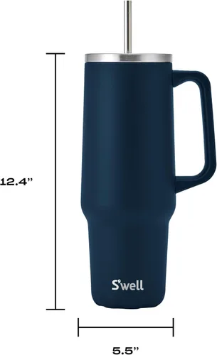 Vista 3 de S'well Vaso de acero inoxidable reciclado XL con popote y asa, 40 onzas, azurita, contenedor aislado al vacío de triple capa mantiene las bebidas