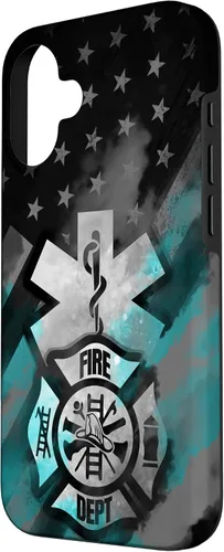 Vista 2 de iPhone 16 EMT EMS bombero turquesa línea humo usa bandera americana caso