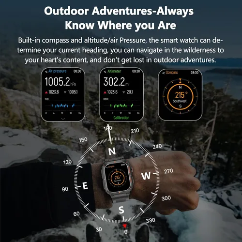 Vista 5 de Reloj inteligente para hombre, relojes inteligentes militares con GPS con llamada/texto, monitor de salud (frecuencia cardíaca/spO2/sueño), Negro
