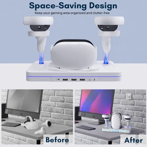 Vista 5 de TNP Base de carga para Oculus Quest 2 Estación de carga de auriculares y controlador de realidad virtual con luz RGB y 3 puertos USB 2.0 Cable