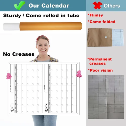 Vista 3 de Calendario grande de borrado en seco de 3 meses para pared, 36 x 24 pulgadas, calendario de pizarra blanca de tres meses sin fecha para oficina