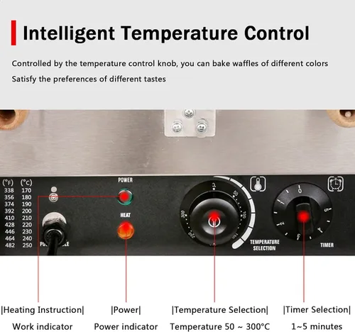 Vista 5 de Máquina de gofres eléctrica comercial, cuerpo de acero inoxidable, control de temperatura de 122.0-482.0 °F, temporizador, luces indicadoras
