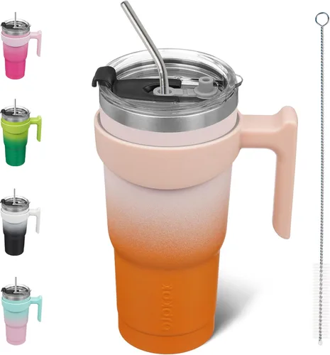 Vista 73 de BJPKPK Mini vaso de 10 onzas con tapa, popote y asa, taza de acero aislada