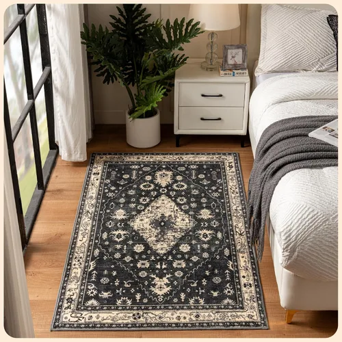 Vista 304 de Istana Alfombra larga antideslizante de 2.5 x 8 para el hogar, para pasillo y cocina, lavable, sedosa y suave al tacto, elegante, color azul y marfil