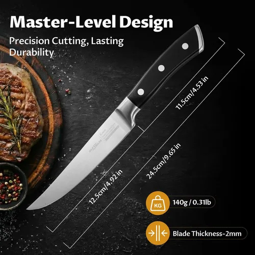 Vista 7 de OAKSWARE - Juego de 4 cuchillos para carne, no dentados, con mango ergonómico forjado de espiga completa, acero inoxidable alemán de alto carbono