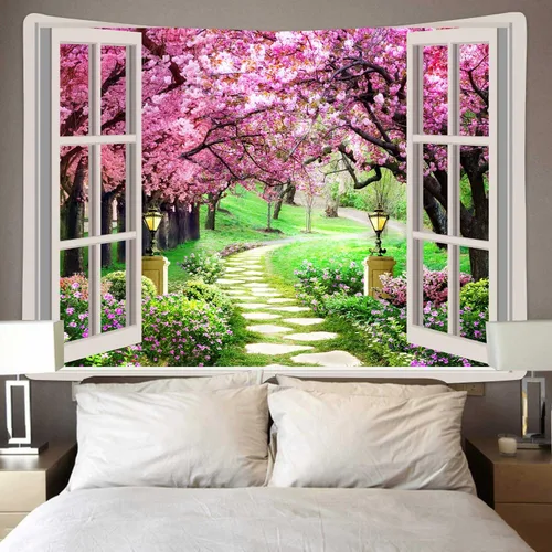 Vista 3 de Tapiz japonés de flores de cerezo para ventana, camino de bosque de árboles, flores rosas, botánico, floral, paisaje natural, estético para sala