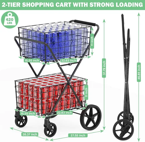 Vista 2 de 【2025𝐍𝐄𝐖】Carrito de compras plegable extra grande de 2 niveles con ruedas, carrito de compras de 400 libras para víveres con 2 cestas extraíbles
