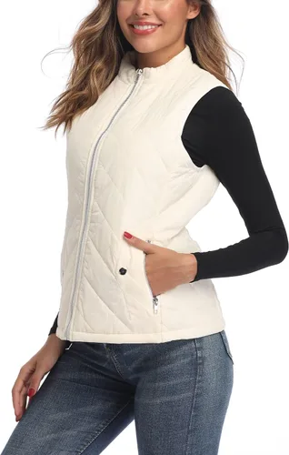 Vista 5 de LONGKING Chaleco de mujer, cuello alto, ligero, con cremallera, acolchado para mujer
