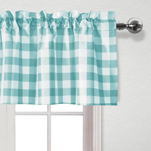 Vista 3 de Hiasan - Juego de cortinas semitraslúcidas a cuadros con cenefa y paneles de cocina, filtro de luz Buffalo a cuadros, color aguamarina y blanco