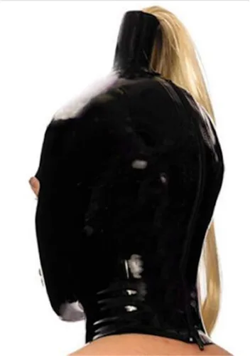 Vista 2 de Capucha de látex negro con labios rojos con cola de caballo rubio máscara de goma con peluca dorada disfraz de fiesta de cosplay