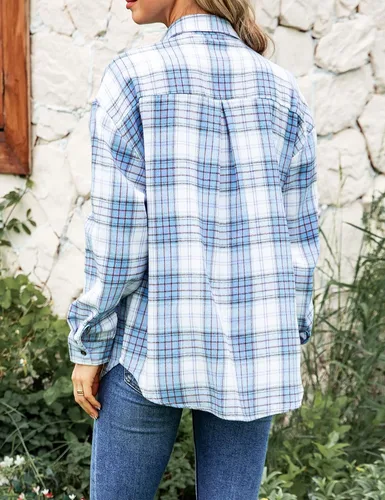 Vista 7 de Megfie Camisa de franela de gran tamaño para mujer, camisa de franela suave con botones y manga larga enrollable, camisa a cuadros para mujer