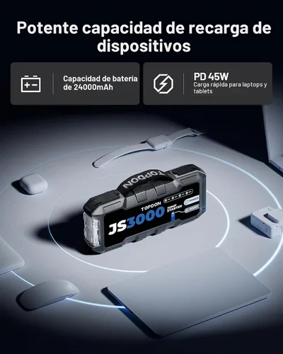 Vista 6 de TOPDON Arrancador de batería de coche JS3000, 3000A, modo de impulso, 9L Negro oscuro