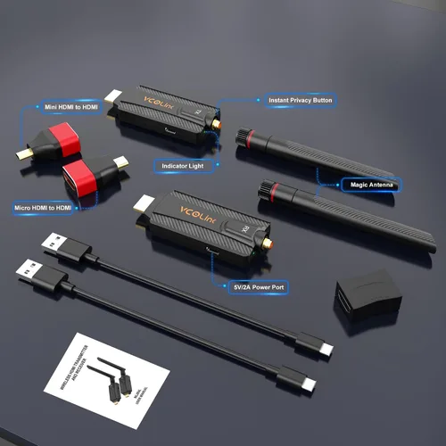 Vista 5 de Transmisor y receptor HDMI inalámbrico, kit extensor de 1 a 2, 656 pies de largo alcance, estable 1080P, 5 GHz 0.05 s con botón de privacidad, Plug