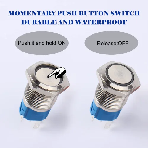 Vista 3 de Paquete de 2 interruptores de botón momentáneos de 0.63 pulgadas, 12 V-24 V, LED, impermeable, de metal, 1 NO 1 NC, con enchufe de cable